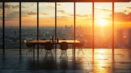 Poster - Sunset cityscape view from modern office conference room.