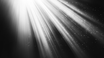 Wall Mural - A beam of light shining down from the top left corner, with rays spreading out to form an abstract background on a black and white gradient background.