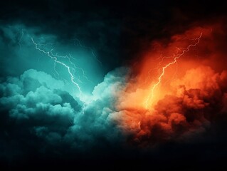 Poster - Dramatic electric storm with intense lightning bolts flashing through a turbulent ominous sky  Electric charges surging through the atmosphere with jagged crackling light