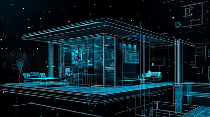Poster - A smart home designed in the blueprint style with modular design, dimensional multilayering, cyan color scheme, light black and blue hues, and line and dot work