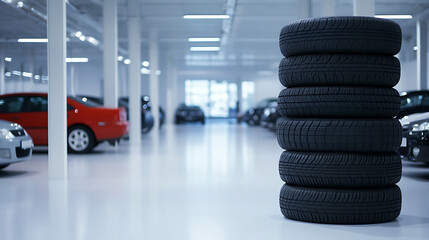 Aufkleber - A stack of tires is displayed in the foreground with cars parked on both sides and an empty white floor in the background