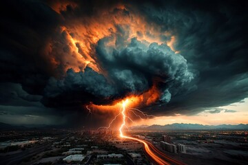 Fototapete - Dramatic electric storm with intense lightning bolts piercing through a turbulent ominous sky featuring high contrast chiaroscuro lighting reminiscent of the Baroque style of Caravaggio