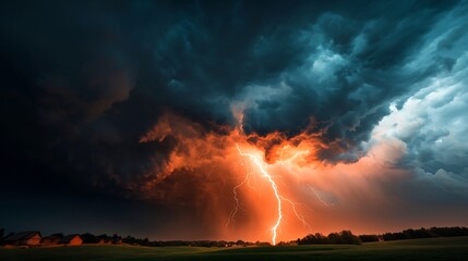 Fototapete - Powerful electric lightning flashing across a dramatic stormy night sky background with swirling clouds and eerie illumination  Cinematic and moody with vibrant colors and high contrast