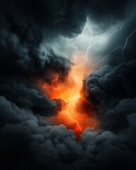 Fototapete - Intense electric storm with electrifying jagged lightning strikes dramatically illuminating a turbulent ink black sky  Dramatic high speed techniques create an ethereal