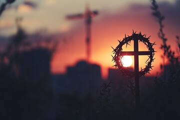Wall Mural - crown of thorns of jesus christ against silhouette of catholic cross at sunset background