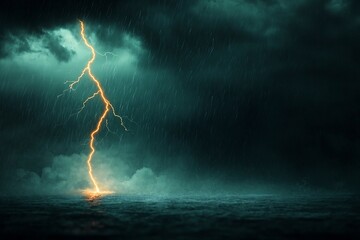 Fototapete - Dramatic Jagged Bolts of Electric Lightning Streaking Through Turbulent Night Sky with Heavy Rain and Wind Ominous and Foreboding Atmosphere Emulating Baroque Painting Style