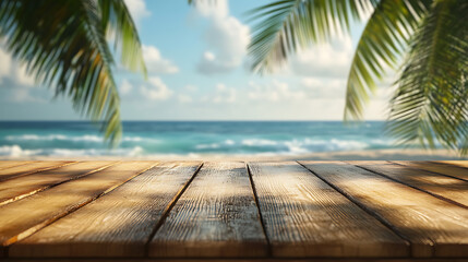 Poster - A wooden table with an ocean view and palm trees in the background, depicting a summer vacation concept, with copy space for displaying products in a montage