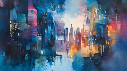 Poster - Abstract colorful watercolor painting of blue cityscape