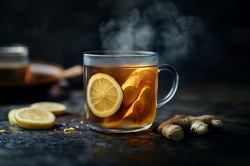 Wall Mural - Steaming mug of ginger lemon tea with slices of lemon and ginger root on dark background.