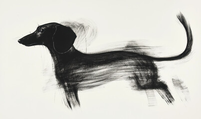 Poster - Artistic Black and White Brush Stroke Illustration of a Dachshund Dog with Dynamic Motion