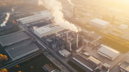 Aufkleber - Aerial view of a vast industrial complex with smokestacks and warehouses, digitalization of production, industry 4, 0