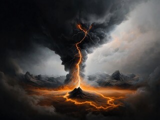 Fototapete - Electrifying Tempest Dramatic and lightning streaks ripping through an ominous thunderous landscape captured in a cinematic high contrast and romantic painting like visual style