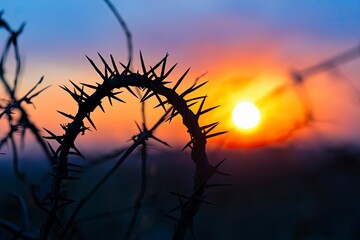 Wall Mural - crown of thorns of jesus christ against silhouette of catholic cross at sunset background