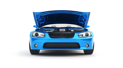 Wall Mural - An isolated blue new car with its front bonnet open against a white backdrop