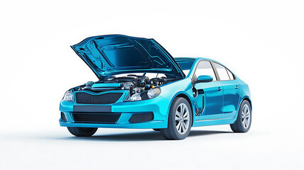 Poster - An isolated blue new car with its front bonnet open against a white backdrop