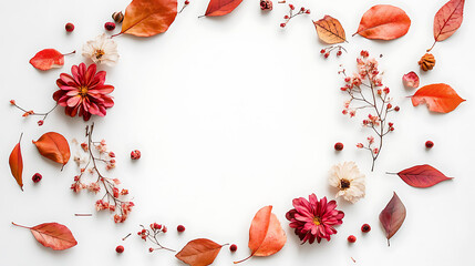 Poster - Autumn composition, wreath of dry autumn leaves and flowers on a white background, top view, copy space