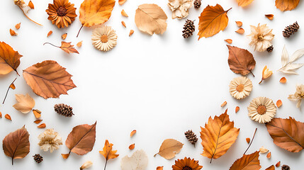 Poster - Autumn composition, wreath of dry autumn leaves and flowers on a white background, top view, copy space