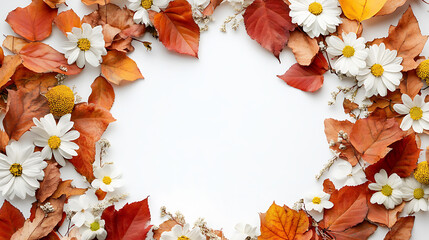 Poster - Autumn composition, wreath of dry autumn leaves and flowers on a white background, top view, copy space