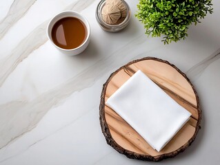 Poster - Elegant marble tabletop with a rustic wooden board and crisp white linen napkin