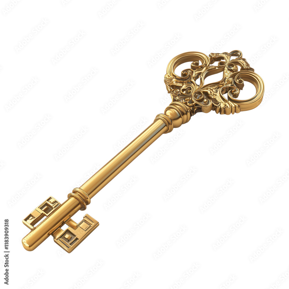 Elegant gold key with intricate detailing resting on a pristine white ...