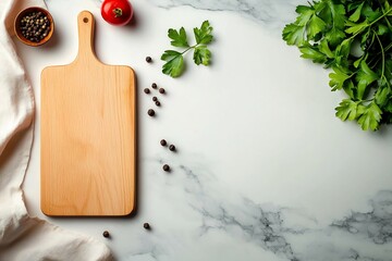 Poster - Marble tabletop with a plain wooden chopping board and a delicate linen cloth creating an elegant and inviting culinary vignette