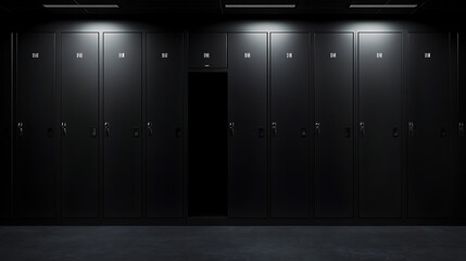 Wall Mural - Black lockers in dark interior with one opened