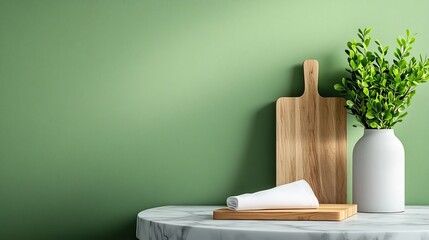 Poster - Elegant overhead composition showcasing the contrast between a marble table wooden chopping board and pristine white napkin highlighting their varied textures and materials in a high key