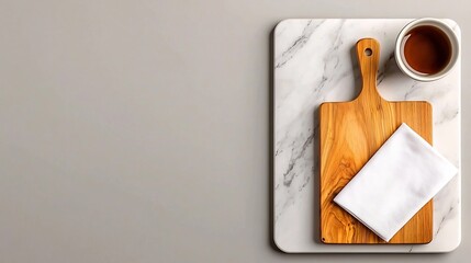 Poster - Elegant overhead composition showcasing the natural contrasting textures and materials of a marble table wooden chopping board and pristine white napkin