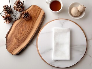 Poster - Marble tabletop with rustic wooden board and crisp white napkin overhead high angle composition with minimalist and refined Scandinavian style interior design and natural warm lighting