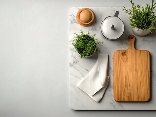 Poster - Elegant marble tabletop featuring a handcrafted wooden board delicate linen napkin and other minimal decor elements