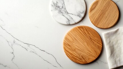 Poster - Overhead view of a minimalist and sophisticated marble tabletop showcasing a natural wood board and soft linen napkin in a clean symmetrical and high definition composition