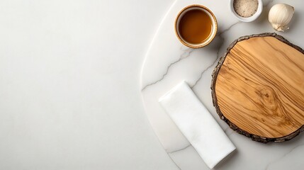 Poster - Refined and tranquil tabletop scene featuring a marble surface artfully placed rustic wooden board and soft white linen napkin