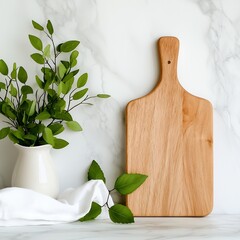 Poster - Elegant Marble Tabletop Scene with Wooden Cutting Board and White Linen Cloth Captured from an Aerial Viewpoint using a Tilt Shift for a Shallow Depth of Field