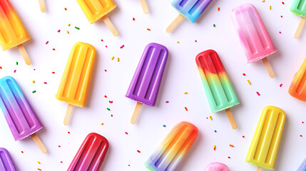 Poster - Colorful ice cream popsicle pattern on white background cute and playful style bright colors with soft gradients