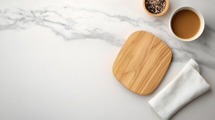 Poster - Minimalist Marble Tabletop with Wooden Board and Linen Napkin in Birds Eye Composition  Warm Natural Lighting and Scandinavian Styling for a Clean Elegant and Precise Photographic Detail