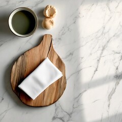 Poster - Elegant overhead view showcasing a rustic wooden board with a neatly folded white napkin artfully framed against a sophisticated marble tabletop backdrop  The high angle shot captures a clean
