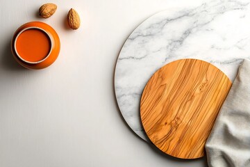 Poster - Marble tabletop displaying a natural wooden board and soft neutral toned fabric napkin captured from an overhead perspective using a DSLR The clean crisp visual evokes a modern Scandinavian aesthetic