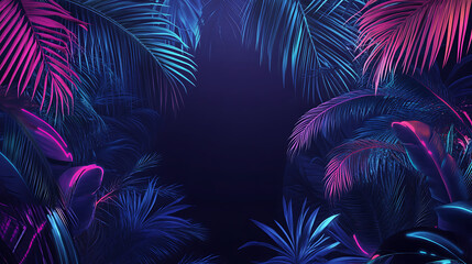 Aufkleber - Dark jungle with neon lines and palm leaves night scene for tropical party background