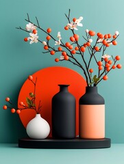 Poster - Vibrant coral soft peach and delicate blush marble inspired textures in a minimalist floral arrangement for contemporary product photography and interior decor