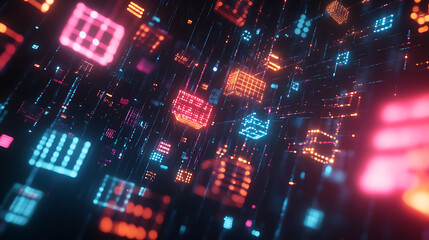 Poster - Digital art of glowing neon data points and pixelated code blocks floating in the air, representing digital innovation for virtual events and future technology use cases visualizations