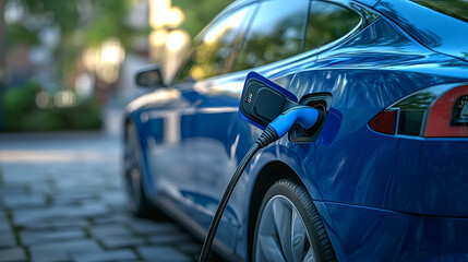 Poster - Ev car or electric car, with an environmentally friendly sustainable energy concept, in the charging station with the power cable connected