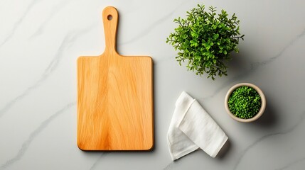 Poster - Flat lay of a marble countertop featuring a wooden cutting board linen napkin and small potted plant conveying a serene and organized food setting with a mid century modern aesthetic