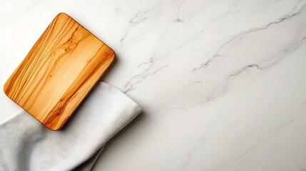 Poster - Overhead view showcasing a minimalist still life scene featuring a wooden board and soft fabric napkin artfully arranged on a marble surface highlighting the clean warm