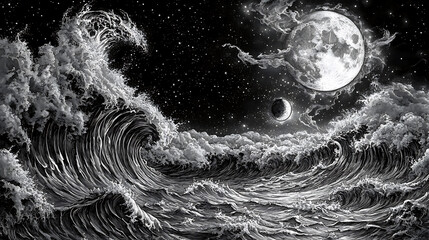 Wall Mural - Flammarion engraving, extreme details, moon and sea wave, black and white theme