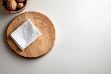 Poster - Pristine marble countertop featuring a wooden board and precisely placed linen napkin shot from an overhead perspective to highlight the clean uncluttered arrangement  Bright natural lighting