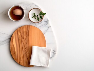 Poster - Overhead view of a minimalist culinary scene featuring a simple wooden board delicate linen napkin and marble surface  The muted colors natural lighting