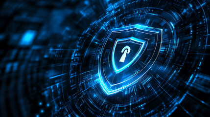 Aufkleber - Futuristic shield icon in the center of abstract digital blue background with light effects, security technology concept