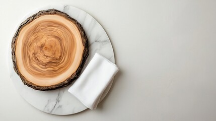 Poster - Refined and tranquil tabletop scene featuring a marble surface artfully placed rustic wooden board and soft white linen napkin