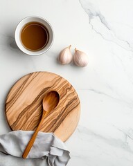 Poster - Overhead view of a refined marble countertop surface paired with a rustic wooden cutting board and a flowing cloth napkin creating a serene and minimalist still life scene perfect for culinary