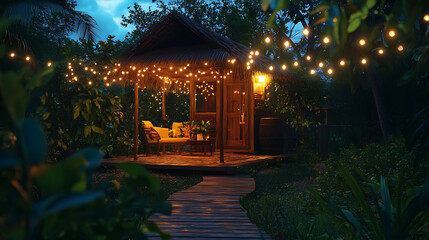 Aufkleber - Hut and deck at garden in dark sky with string lights and soft illumination